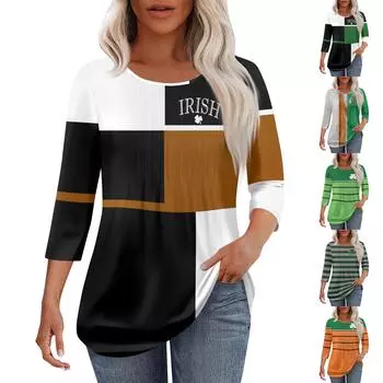 Женская модная повседневная плиссированная футболка с круглым вырезом и рукавом семь четвертей L армия зеленый