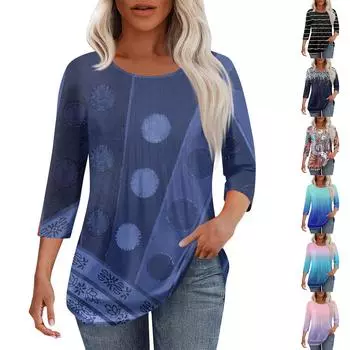 Женская модная повседневная плиссированная футболка с круглым вырезом и принтом для отдыха с рукавом семь четвертей L чёрный