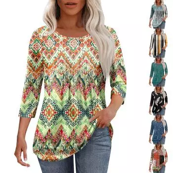 Женская модная повседневная плиссированная футболка с круглым вырезом и принтом для отдыха с рукавом семь четвертей L чёрный