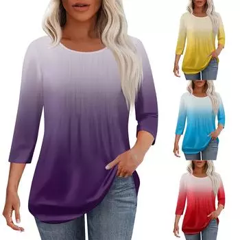 Женская модная повседневная плиссированная футболка с круглым вырезом и принтом для отдыха с рукавом семь четвертей L