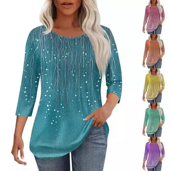 Женская модная повседневная плиссированная футболка с круглым вырезом и рукавом семь четвертей L