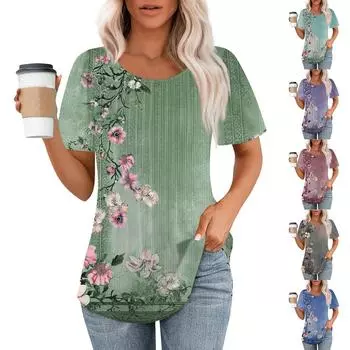 Женская модная повседневная плиссированная футболка с круглым вырезом и короткими рукавами с принтом L циан