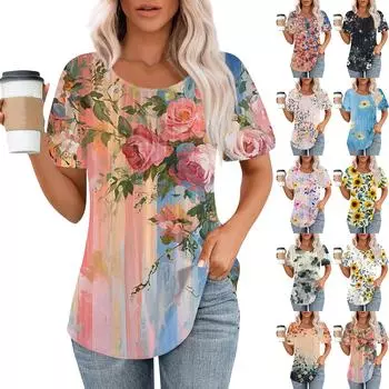 Женская модная повседневная плиссированная футболка с круглым вырезом и короткими рукавами с принтом L