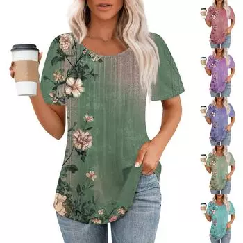 Женская модная повседневная плиссированная футболка с круглым вырезом и короткими рукавами с принтом L