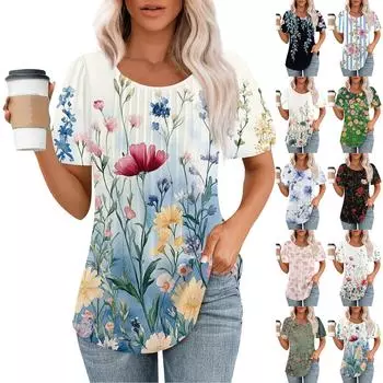 Женская модная повседневная плиссированная футболка с круглым вырезом и короткими рукавами с принтом L