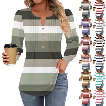 Женская модная повседневная плиссированная футболка с круглым вырезом и декоративными пуговицами, полосатая, с длинным рукавом L чёрный