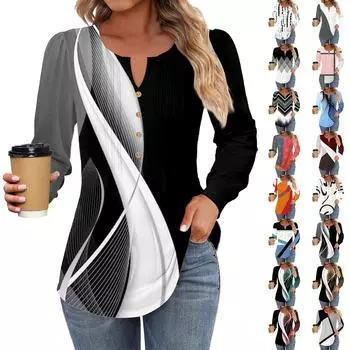 Женская модная повседневная плиссированная футболка с круглым вырезом и декоративными пуговицами, с длинным рукавом L бежевый