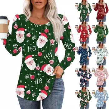 Женская модная повседневная плиссированная футболка с круглым вырезом и принтом рождественского снеговика с длинными рукавами L темно-синий