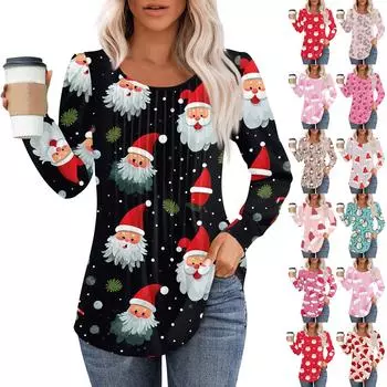 Женская модная повседневная плиссированная футболка с круглым вырезом и рождественским принтом с длинными рукавами XL