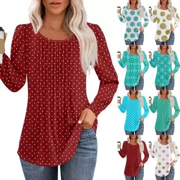 Женская модная повседневная плиссированная футболка с круглым вырезом и принтом, длинный рукав XL бирюзовый