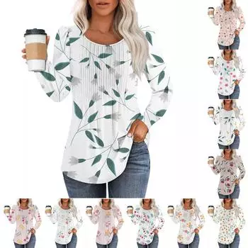 Женская модная повседневная плиссированная футболка с круглым вырезом и цветочным принтом с длинным рукавом L розовый