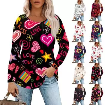 Женская модная повседневная плиссированная футболка с круглым вырезом и принтом в виде сердца ко Дню святого Валентина с длинными рукавами L бежевый