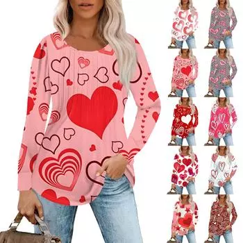 Женская модная повседневная плиссированная футболка с круглым вырезом и принтом «любовь» с длинными рукавами L бежевый