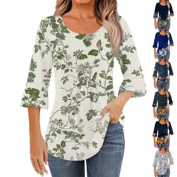 Женская модная повседневная плиссированная футболка с круглым вырезом и цветочным принтом, рукав три четверти L синий