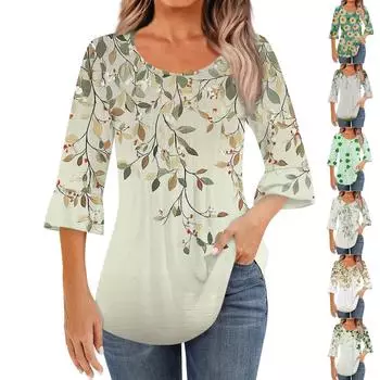 Женская модная повседневная плиссированная футболка с круглым вырезом и цветочным принтом, рукав три четверти L армия зеленый