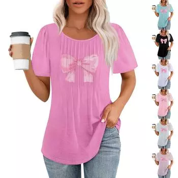 Женская модная повседневная плиссированная футболка с круглым вырезом и бантом, с короткими рукавами XXXL