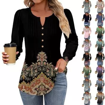 Женская модная повседневная плиссированная футболка с круглым вырезом и декоративными пуговицами, с длинным рукавом L