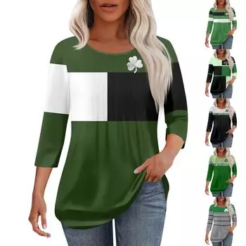 Женская модная повседневная плиссированная футболка с круглым вырезом и рукавом семь четвертей L армия зеленый