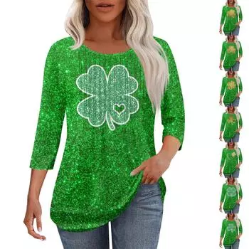 Женская модная повседневная плиссированная футболка с круглым вырезом и рукавом семь четвертей XL