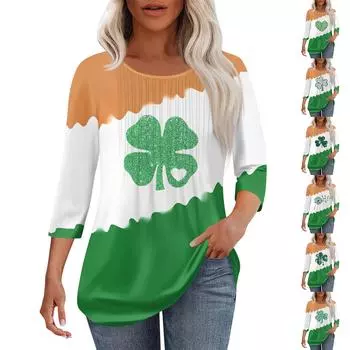 Женская модная повседневная плиссированная футболка с круглым вырезом и рукавом семь четвертей XXL