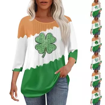 Женская модная повседневная плиссированная футболка с круглым вырезом и рукавом семь четвертей XL