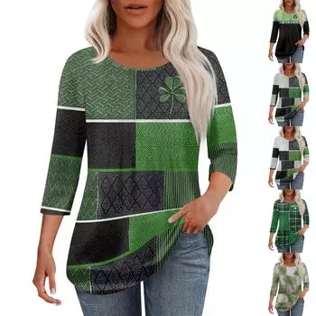 Женская модная повседневная плиссированная футболка с круглым вырезом и рукавом семь четвертей XXXL зелёный