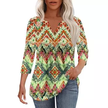 Женская модная повседневная плиссированная футболка с V-образным вырезом и рукавом семь четвертей L зелёный