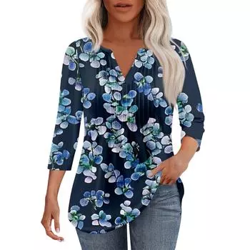 Женская модная повседневная плиссированная футболка с V-образным вырезом и рукавом семь четвертей L синий