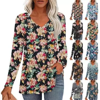 Женская модная повседневная плиссированная футболка с V-образным вырезом и растительным принтом, длинный рукав L бежевый