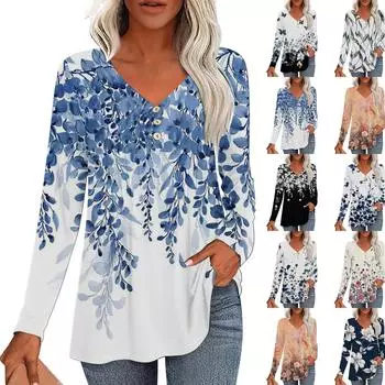 Женская модная повседневная плиссированная футболка с V-образным вырезом и растительным принтом, длинный рукав L бежевый