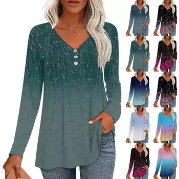 Женская модная повседневная плиссированная футболка с V-образным вырезом и градиентным принтом с длинным рукавом L чёрный