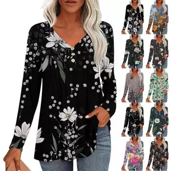 Женская модная повседневная плиссированная футболка с V-образным вырезом и растительным принтом, длинный рукав L бежевый