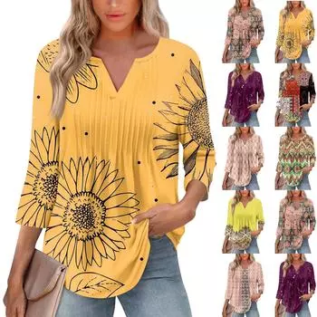 Женская модная повседневная плиссированная футболка с V-образным вырезом и рукавом семь четвертей L зелёный