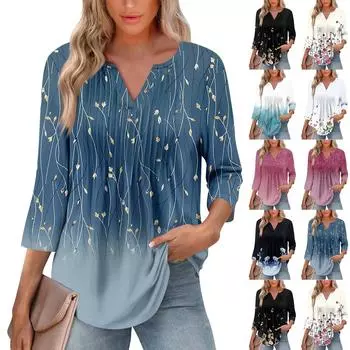 Женская модная повседневная плиссированная футболка с V-образным вырезом и рукавом семь четвертей L бежевый