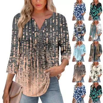 Женская модная повседневная плиссированная футболка с V-образным вырезом и рукавом семь четвертей L бежевый