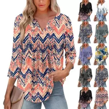 Женская модная повседневная плиссированная футболка с V-образным вырезом и рукавом семь четвертей L чёрный