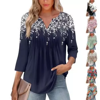 Женская модная повседневная плиссированная футболка с V-образным вырезом и рукавом семь четвертей L чёрный