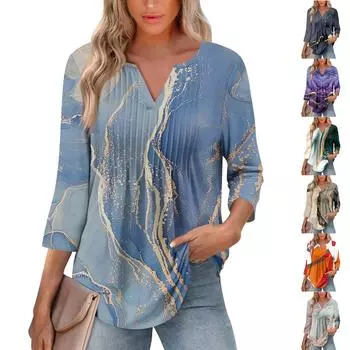 Женская модная повседневная плиссированная футболка с V-образным вырезом и рукавом семь четвертей L синий