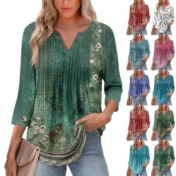 Женская модная повседневная плиссированная футболка с V-образным вырезом и рукавом семь четвертей L армия зеленый