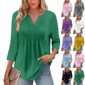 Женская модная повседневная плиссированная футболка с V-образным вырезом и рукавом семь четвертей L чёрный