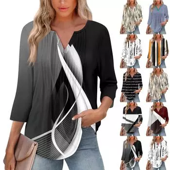 Женская модная повседневная плиссированная футболка с V-образным вырезом и рукавом семь четвертей L бежевый