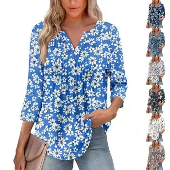 Женская модная повседневная плиссированная футболка с V-образным вырезом и рукавом семь четвертей L синий