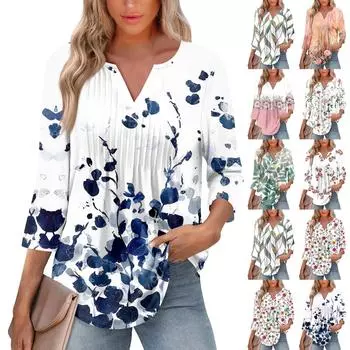 Женская модная повседневная плиссированная футболка с V-образным вырезом и рукавом семь четвертей L армия зеленый