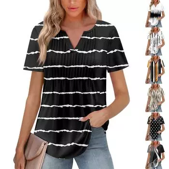 Женская модная повседневная плиссированная футболка с V-образным вырезом и рукавом семь четвертей XXL чёрный