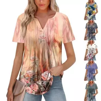 Женская модная повседневная плиссированная футболка с V-образным вырезом и рукавом семь четвертей L бежевый