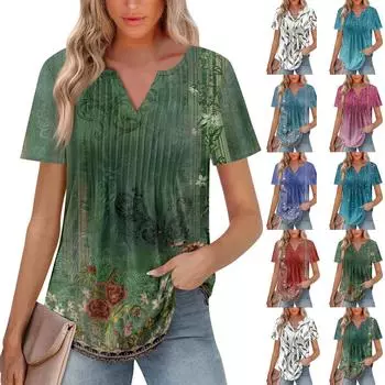 Женская модная повседневная плиссированная футболка с V-образным вырезом и рукавом семь четвертей XL