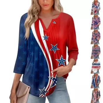 Женская модная повседневная плиссированная футболка с V-образным вырезом и рукавом семь четвертей XL