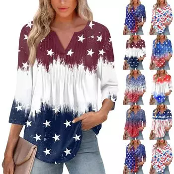 Женская модная повседневная плиссированная футболка с V-образным вырезом и рукавом семь четвертей XL