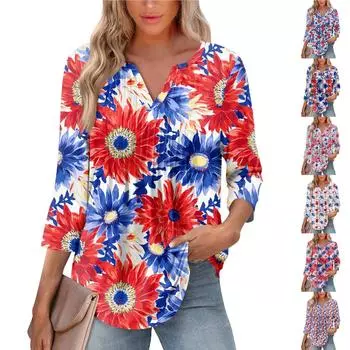 Женская модная повседневная плиссированная футболка с V-образным вырезом и рукавом семь четвертей XL