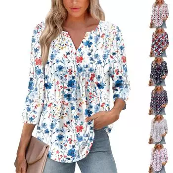 Женская модная повседневная плиссированная футболка с V-образным вырезом и рукавом семь четвертей S киноварь